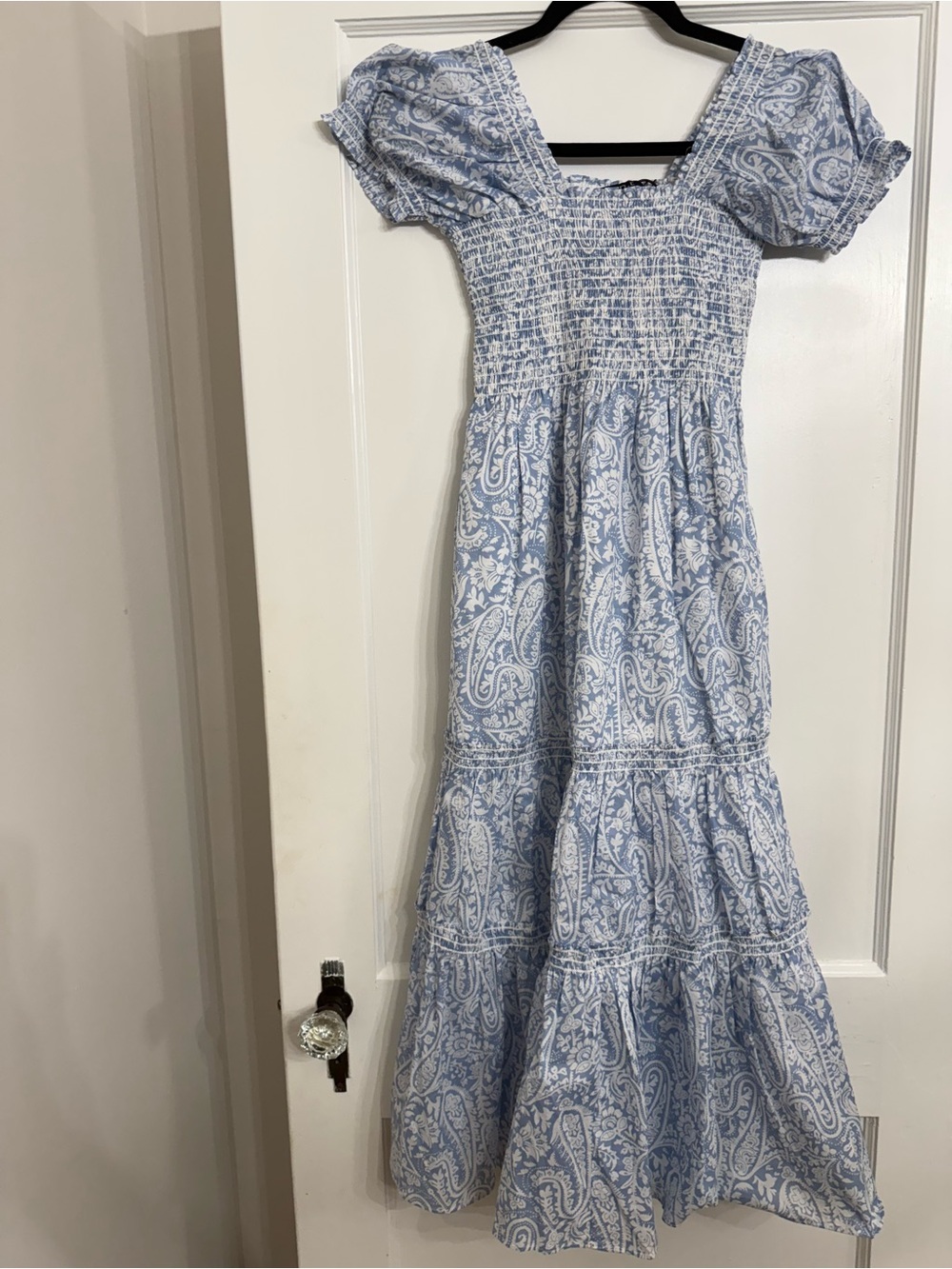 o.p.t. Square Neck Smocked Maxi Dress Blue Paisley Print Cotton Puff Sleeve XS - Picture 3 of 11